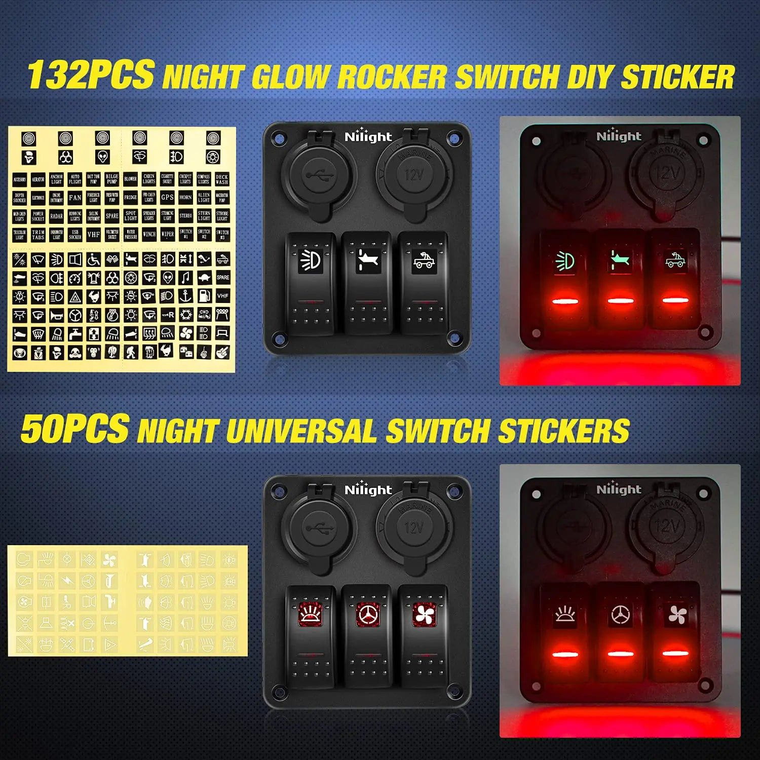 Vehicle Parts & Accessories 3Gang Aluminum 5Pin ON/Off Red Rocker Switch Panel w/ Dual USB Charger | Cigarette Lighter Socket