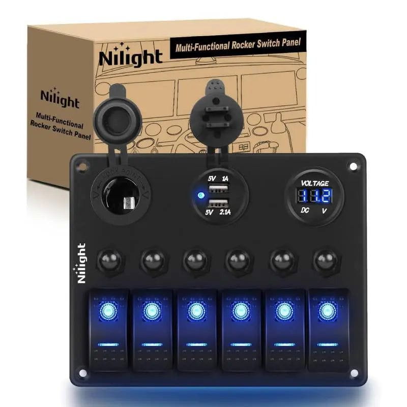 6Gang ON/Off Blue Rocker Switch Panel w/ Dual USB Cigarette Lighter ...