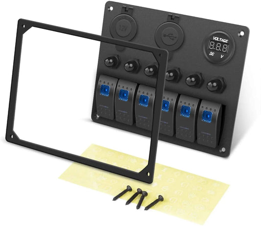 Rocker Switch 6Gang ON/Off Blue Rocker Switch Panel w/ Dual USB Cigarette Lighter Socket Voltmeter