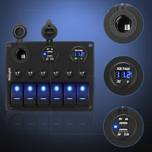 Rocker Switch 6Gang ON/Off Blue Rocker Switch Panel w/ Dual USB Cigarette Lighter Socket Voltmeter