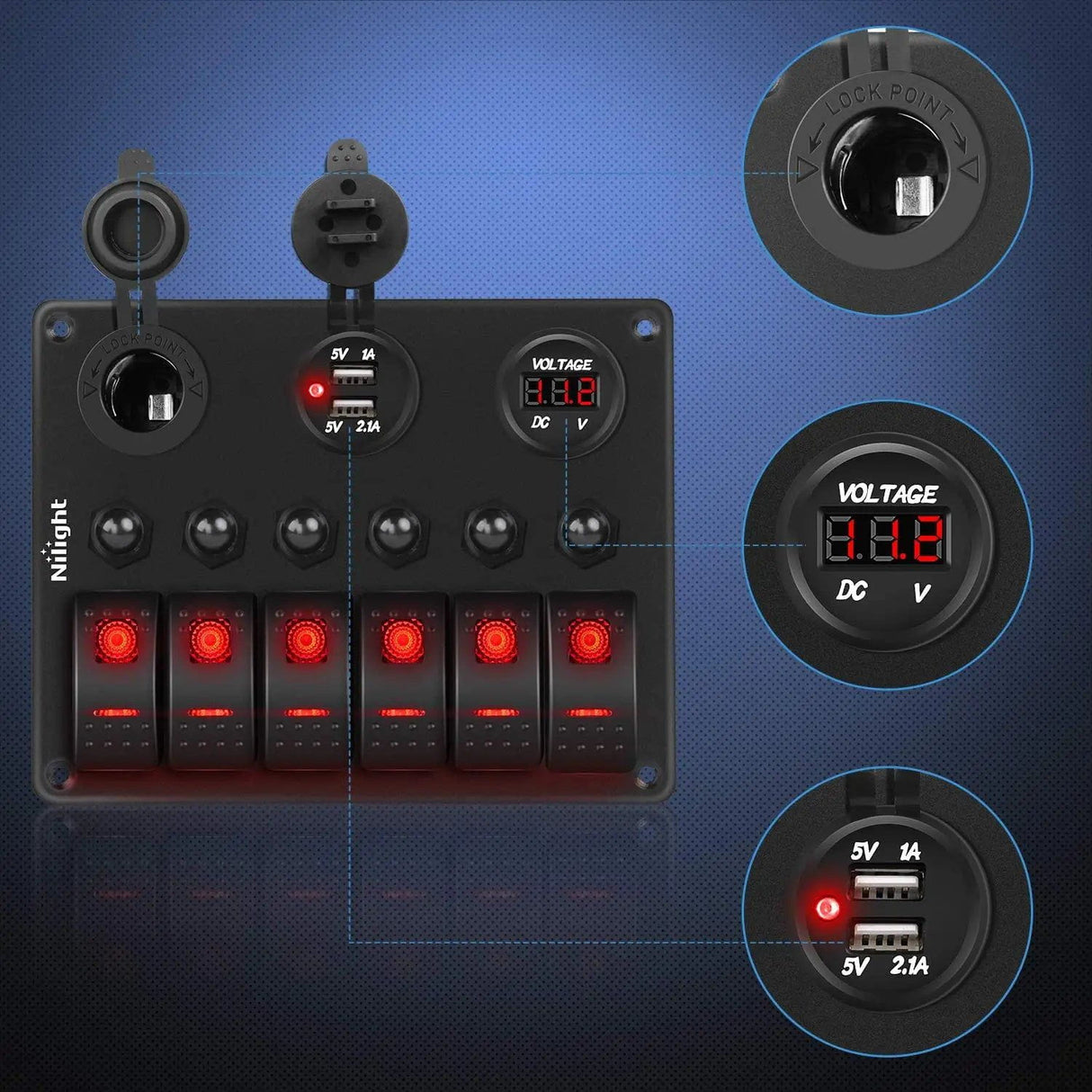 switch panel 6Gang ON/Off Red Rocker Switch Panel w/ Dual USB Cigarette Lighter Socket Voltmeter