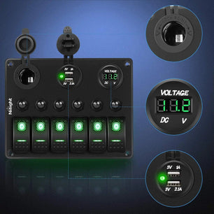 Rocker Switch 6Gang ON/Off Green Rocker Switch Panel w/ Dual USB Cigarette Lighter Socket Voltmeter