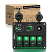 4Gang ON/Off Green Rocker Switch Panel w/ Dual USB Cigarette Lighter Socket Voltmeter