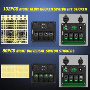 Rocker Switch 4Gang ON/Off Green Rocker Switch Panel w/ Dual USB Cigarette Lighter Socket Voltmeter