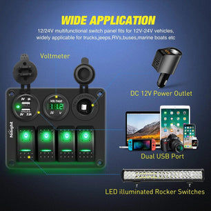 Rocker Switch 4Gang ON/Off Green Rocker Switch Panel w/ Dual USB Cigarette Lighter Socket Voltmeter
