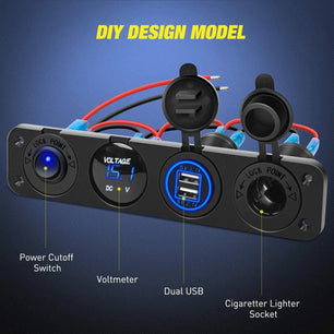 switch panel 4 in 1 ON/OFF Blue Charger Socket Panel w/ Dual USB Voltmeter Cigarette