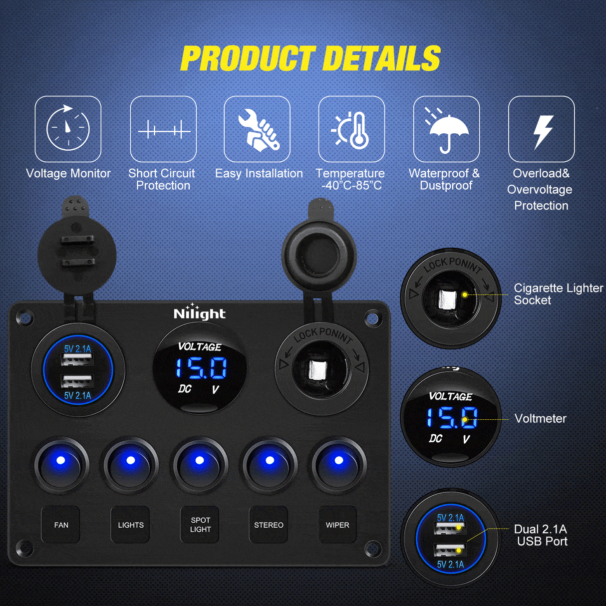 switch panel 5Gang Blue Rocker Switch Panel w/ Dual USB Voltmeter Fuse