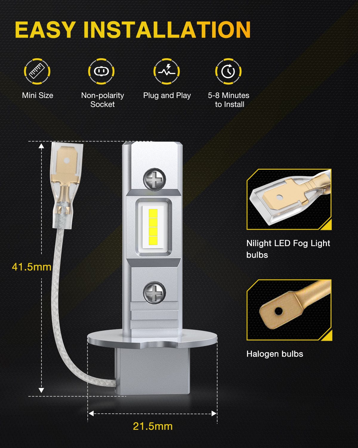 LED Headlight Nilight EF1 H3 LED Fog Light Bulbs 200% Brightness 6000K Cool White 1:1 Mini Size Halogen Replacement H3 LED Fog Light DRL Conversion Kit, Pack of 2