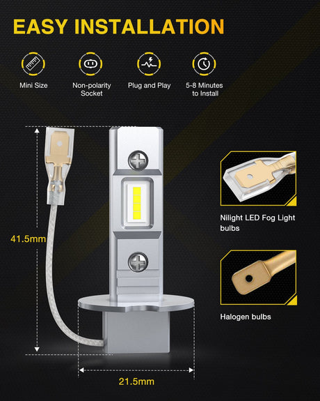 LED Headlight Nilight EF1 H3 LED Fog Light Bulbs 200% Brightness 6000K Cool White 1:1 Mini Size Halogen Replacement H3 LED Fog Light DRL Conversion Kit, Pack of 2