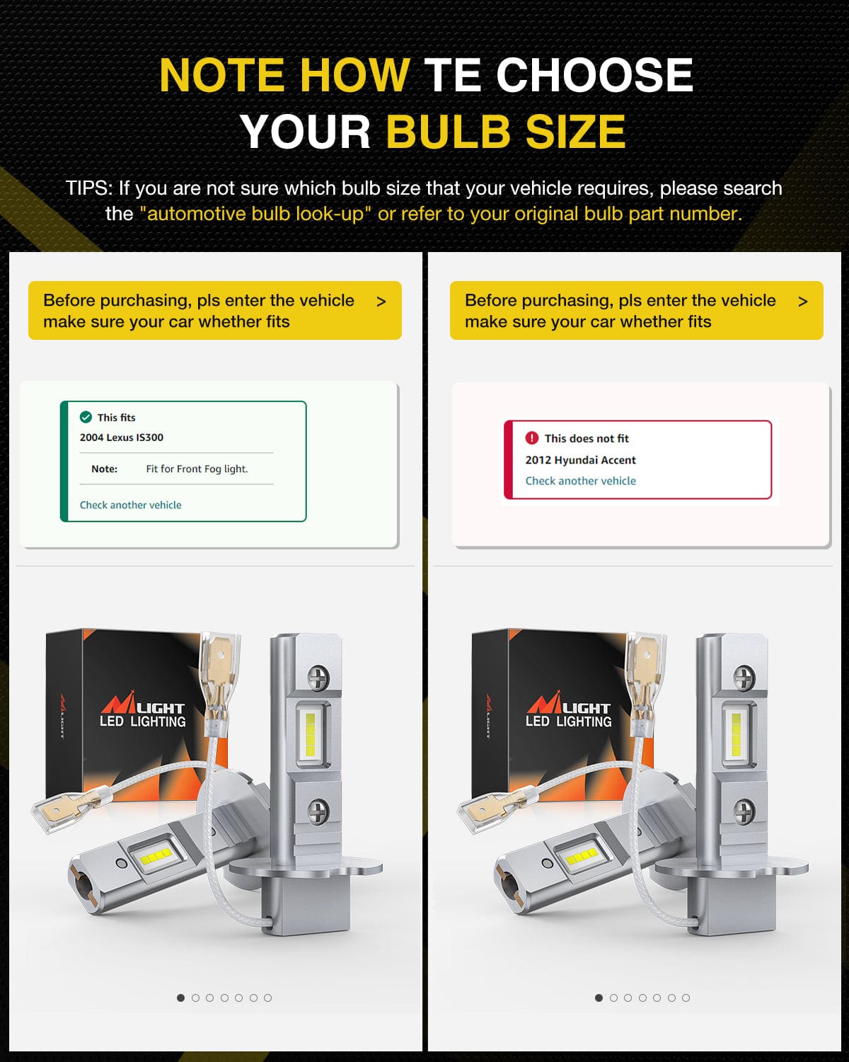 LED Headlight Nilight EF1 H3 LED Fog Light Bulbs 200% Brightness 6000K Cool White 1:1 Mini Size Halogen Replacement H3 LED Fog Light DRL Conversion Kit, Pack of 2