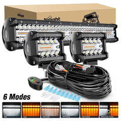 20 Inch 420W Amber White Strobe Spot Flood LED Light Bar Kit | 2PCS 4 Inch 60W Light Pods | 16AWG Wire 3 Leads