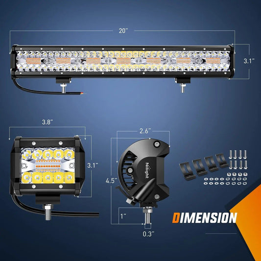 LED Light Bar 20" 420W Amber White Strobe Spot/Flood LED Light Bar Kit | 2PCS 4" 60W Light Pods | 16AWG Wire 3 Leads
