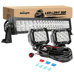 22 Inch 120W Double Row Spot Flood LED Light Bar | 2Pcs 4 Inch 18W Flood LED Pods | 16AWG Wire 3Pin Switch