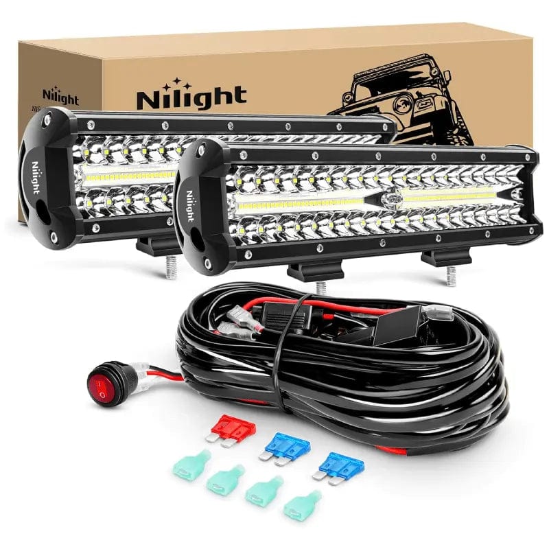 12 Inch 300W 30000LM Triple Row Spot/Flood LED Light Bar (Pair) | 16AWG Wire 3Pin Switch Nilight