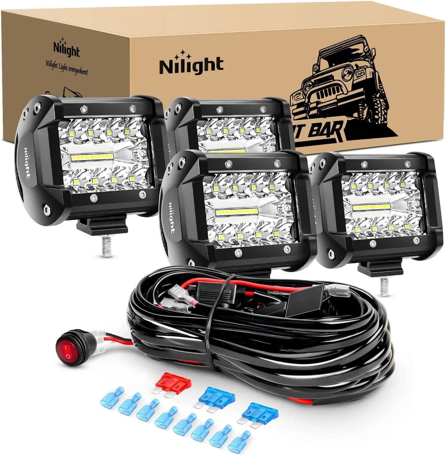 LED Light Bar 4" 60W 6000LM Triple Row Spot/Flood LED Pods (2 Pairs) | 16AWG Wire 3Pin Switch