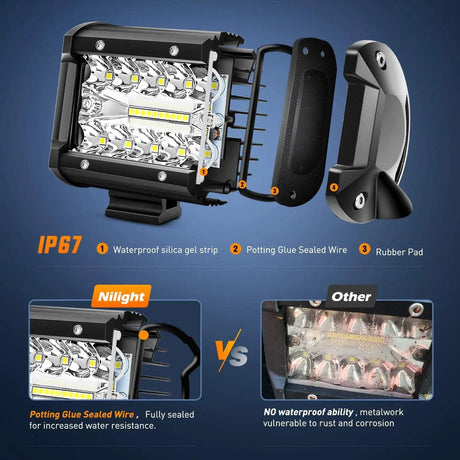 LED Light Bar 4" 60W Triple Row Spot/Flood LED Work Light Pods | 12FT Wire 3Pin Switch