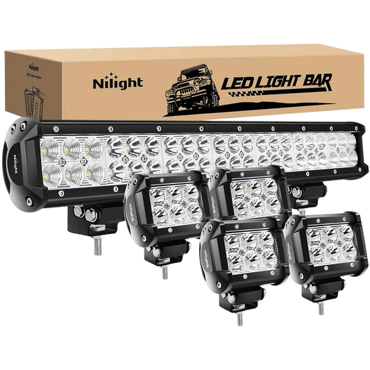 20" 126W Double Row Spot/Flood Led Light Bar Kit | 4Pcs 4" 18W Spot Light Pods Nilight