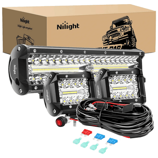 Light Bar Wiring Kit 12" 300W Triple Row Spot/Flood Led Light Bar Kit | 4" 60W Led Pods (Pair)