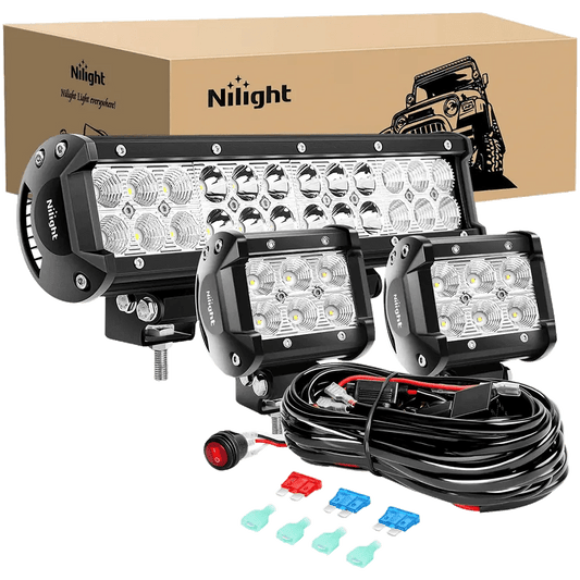 Light Bar Wiring Kit 12" 72W Double Row Spot/Flood Led Light Bar | 4" 18W Flood LED Pods (Pair) | 10FT Wire 3Pin Switch