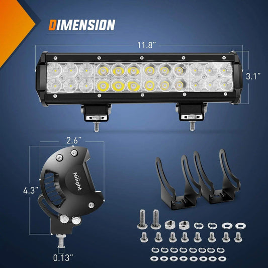 Light Bar Wiring Kit 12" 72W Double Row Spot/Flood Led Light Bar | 4" 18W Flood LED Pods (Pair) | 10FT Wire 3Pin Switch