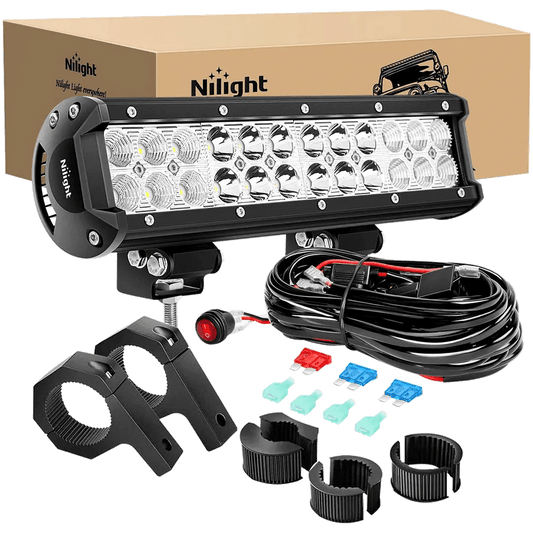 Light Bar Wiring Kit 12" 72W Double Row Spot/Flood Led Light Bar | Horizontal Tube Clamp Mount | 12FT Wire 3Pin Switch