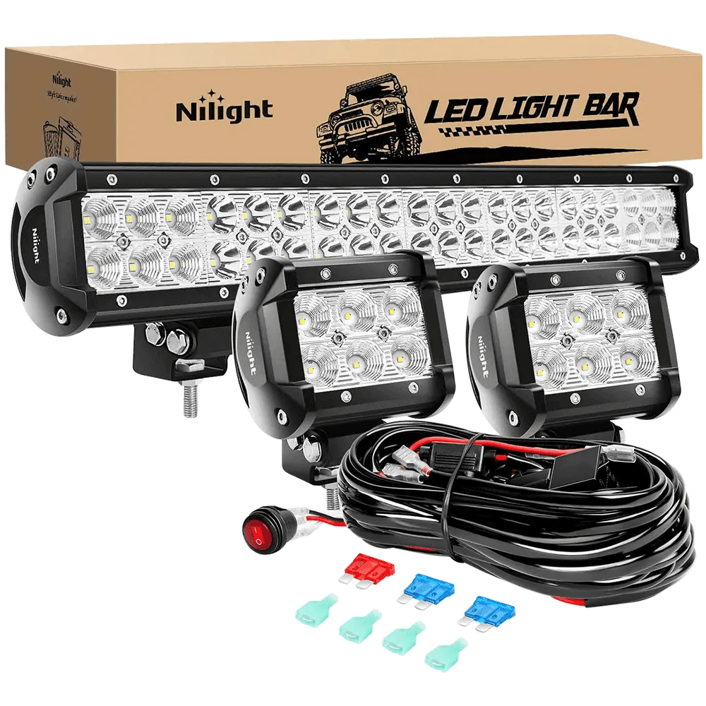 Light Bar Wiring Kit 20" 126W Double Row Spot/Flood Led Light Bars | 2Pcs 4" 18W Flood Light Pods | 16AWG Wire 3Pin Switch