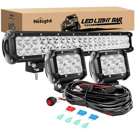 Light Bar Wiring Kit 20" 126W Double Row Spot/Flood Led Light Bars | 2Pcs 4" 18W Flood Light Pods | 16AWG Wire 3Pin Switch