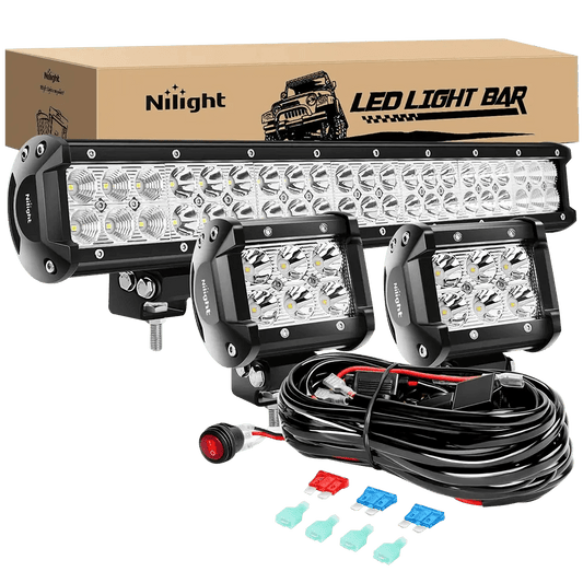 Light Bar Wiring Kit 20" 126W Double Row Spot/Flood Led Light Bars | 2Pcs 4" 18W Spot Light Pods | 16AWG Wire 3Pin Switch