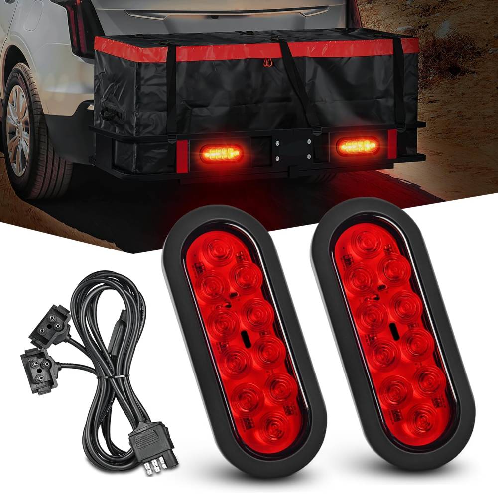 6" Oval Red LED Trailer Tail Lights W/ Flush Mount Grommets Wire Harness (Pair) Nilight