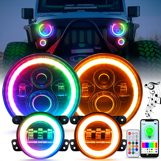 Headlight Assembly 7 Inch RGB LED Headlight and 4 Inchs Fog Light w/Turn Signal APP Remote Control Round Headlights Compatible with 2007 2008 2009 2010 2011 2012 2013 2014 2015 2016 2017 2018 Wrangler JK JKU