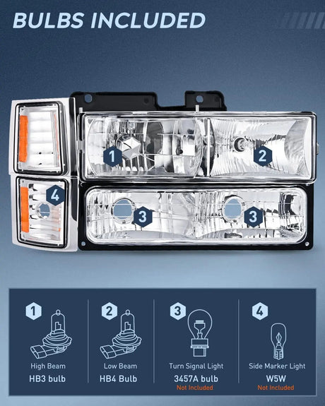 1994-1998 Chevy Silverado Tahoe Suburban C10 C/K 1500 2500 3500 Headlight Assembly Chrome Case Amber Reflector Nilight