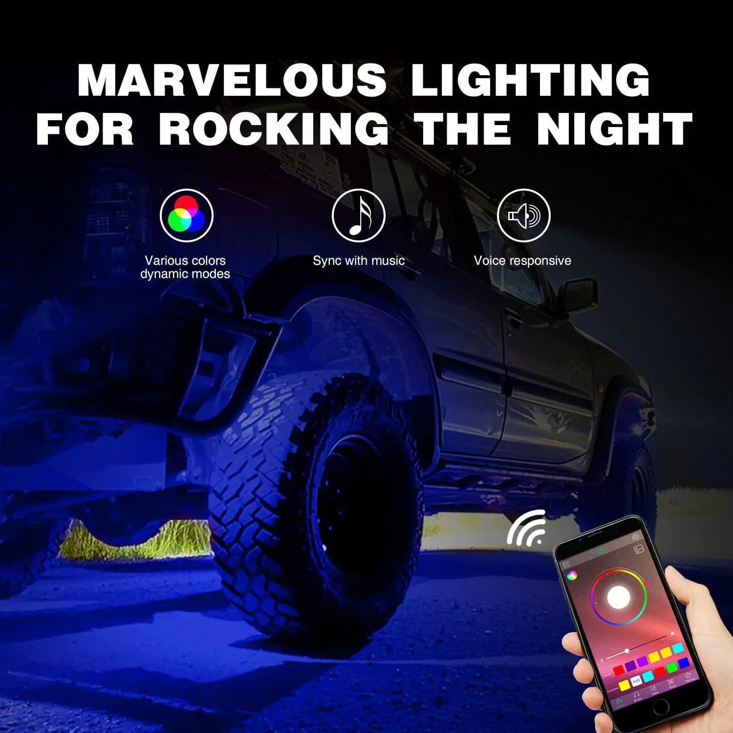 RGB Rock Lights LED RGB Rock Lights Bluetooth Underglow Multicolor Neon (4 Pods)