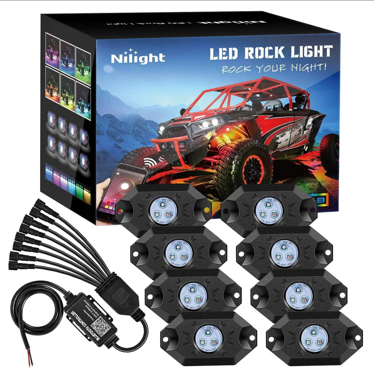 LED RGB Rock Lights Bluetooth Underglow Multicolor Neon (4 Pods) – Nilight