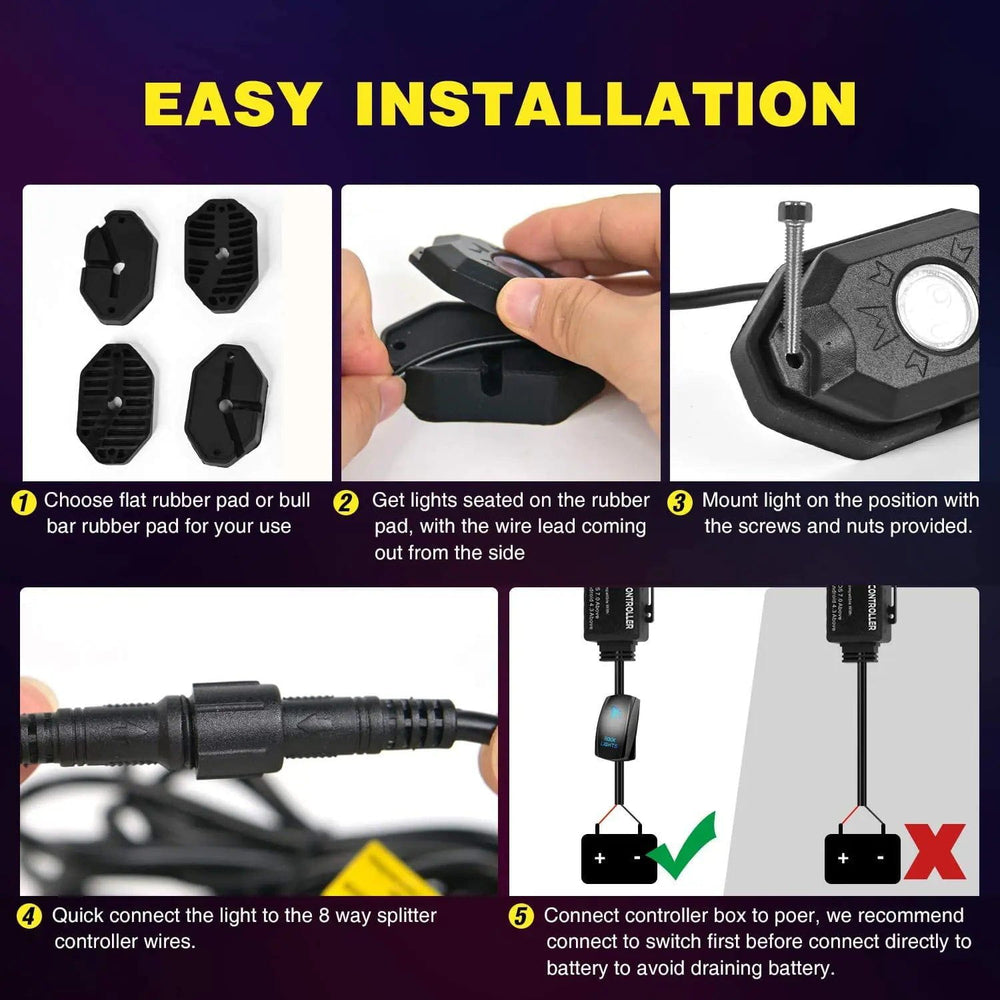 RGB Rock Lights LED RGB Rock Lights Bluetooth Underglow Multicolor Neon (8 Pods)