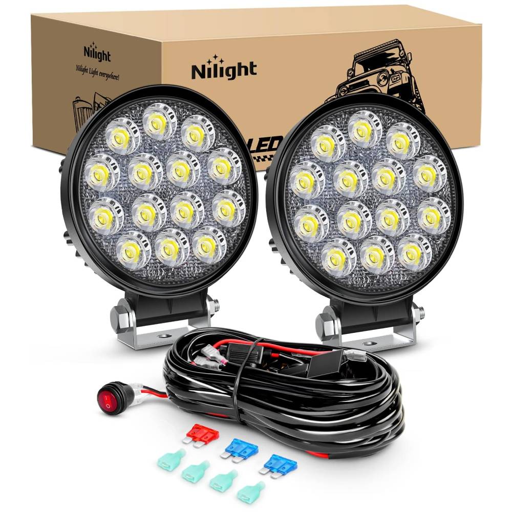 LED Work Light Nilight 2Pcs 4.5Inch 42W LED Pods Round Flood Off Road Fog Lights Roof 4200LM with 16AWG Wiring Harness Kit-2 Leads for Truck ATV UTV SUV Boat