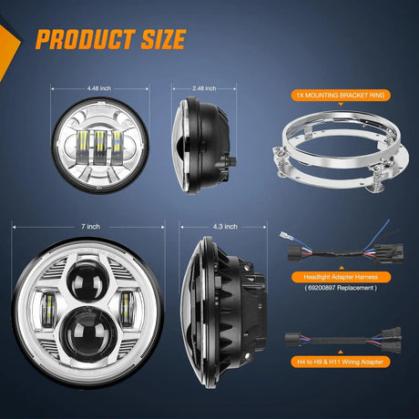 Motorcycle 7Inch DRL LED Headlights 4.5Inch Fog Lights Chrome Kits Nilight