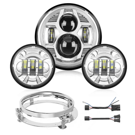 Motorcycle 7Inch LED Headlights 4.5Inch Fog Lights Chrome Kits Nilight