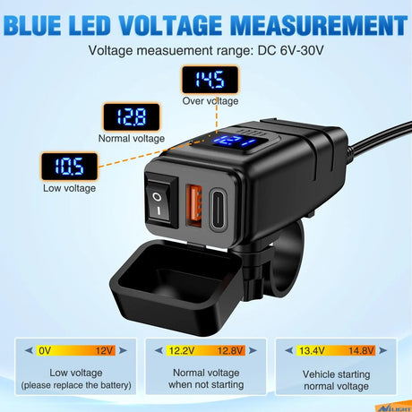 Motorcycle Charger USB Type C 12V Voltmeter On Off Switch Nilight