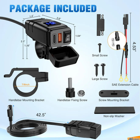 Motorcycle Charger USB Type C 12V Voltmeter On Off Switch Nilight