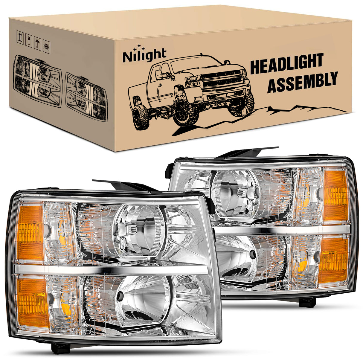 Headlight Assembly Compatible with 2007 2008 2009 2010 2011 2012 2013 Silverado 1500 2014 2500HD 3500HD Replacement Chrome Housing Amber Reflector