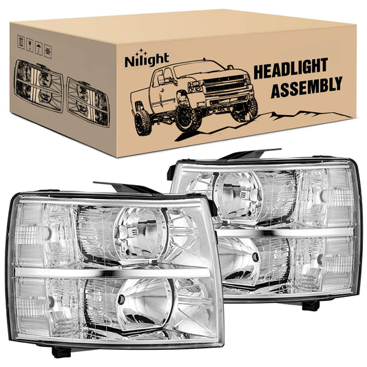 Headlight Assembly Headlight Assembly Compatible with 2007 2008 2009 2010 2011 2012 2013 Silverado 1500 2014 2500HD 3500HD Replacement Chrome Housing Clear Reflector