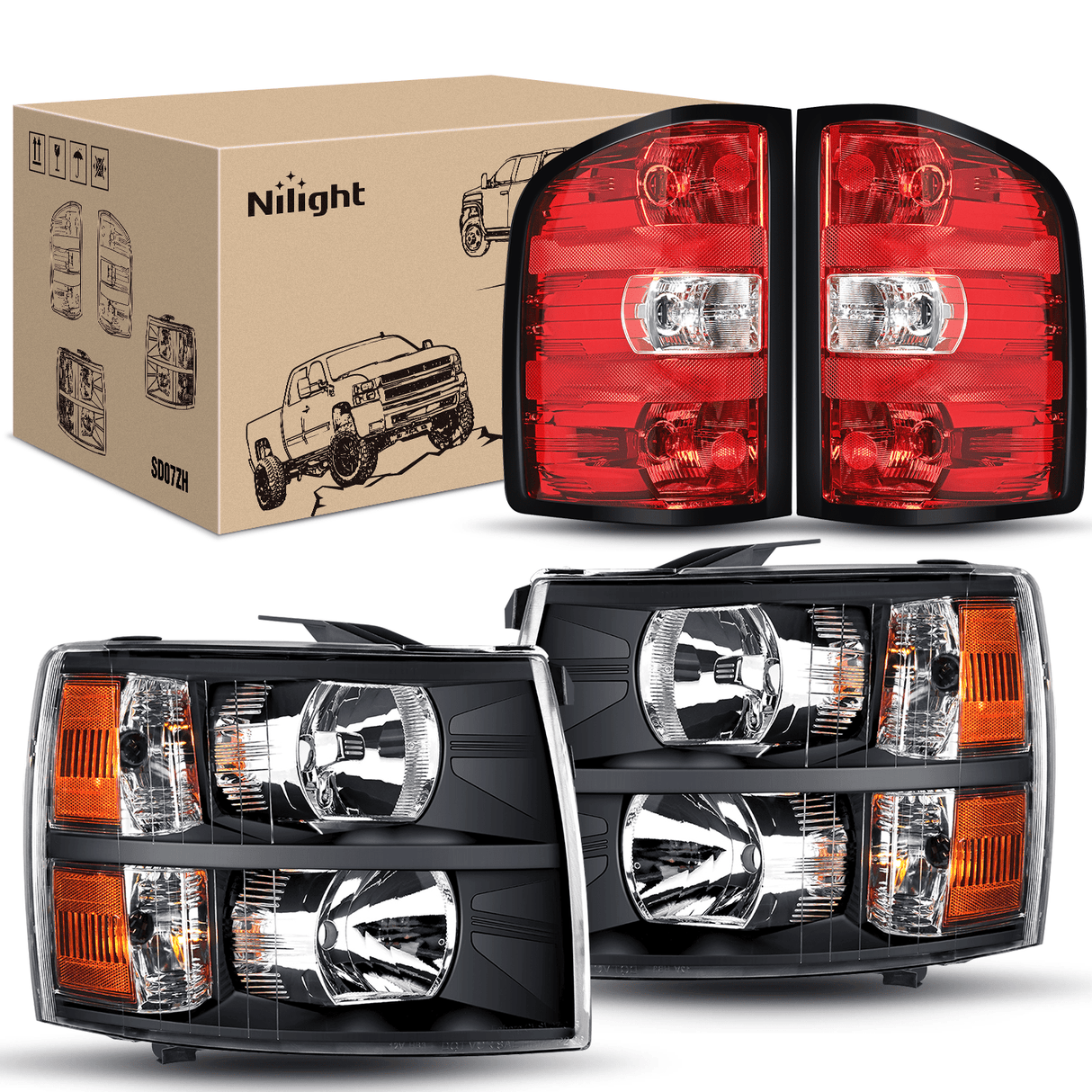 Nilight Headlight and Taillight Assembly Compatible with 2007 2008 2009 2010 2011 2012 2013 Silverado 1500 2007-2014 Silverado 2500HD 3500HD Black Housing Amber Reflector with Red Housing Tail Light