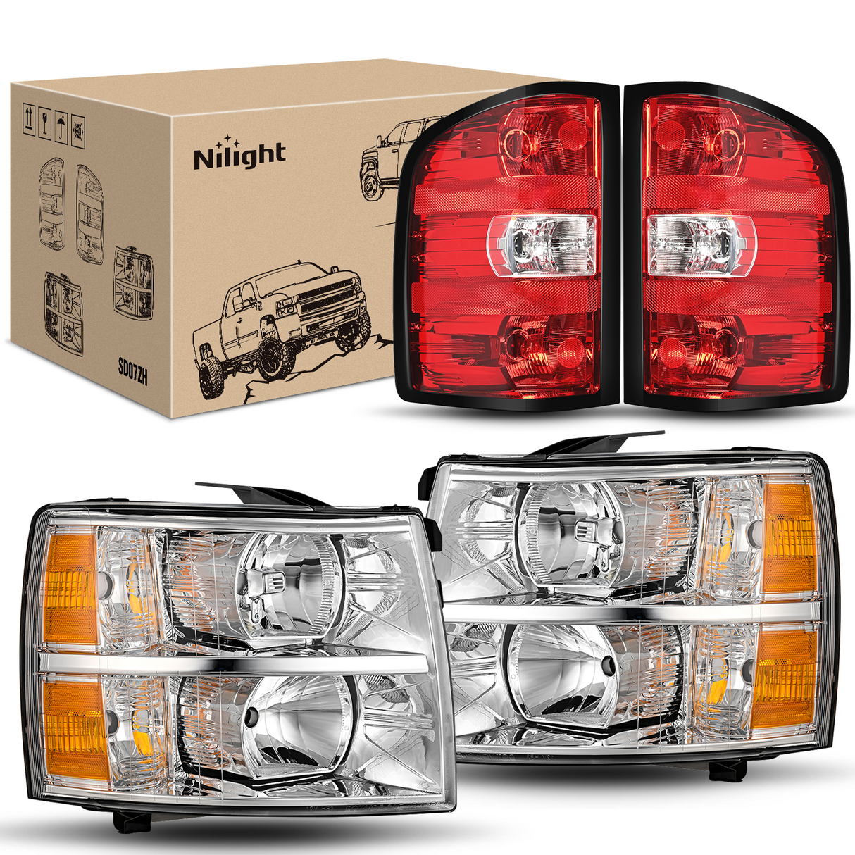 Nilight Headlight and Taillight Assembly Compatible with 2007 2008 2009 2010 2011 2012 2013 Silverado 1500 2007-2014 Silverado 2500HD 3500HD Chrome Housing Amber Reflector with Red Housing Tail Light