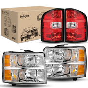 Headlight and Taillight Assembly Compatible with 2007 2008 2009 2010 2011 2012 2013 Silverado 1500 2007-2014 Silverado 2500HD 3500HD Chrome Housing Amber Reflector with Red Housing Tail Light