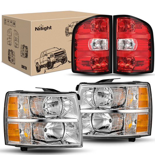 Nilight Headlight and Taillight Assembly Compatible with 2007 2008 2009 2010 2011 2012 2013 Silverado 1500 2007-2014 Silverado 2500HD 3500HD Chrome Housing Amber Reflector with Red Housing Tail Light