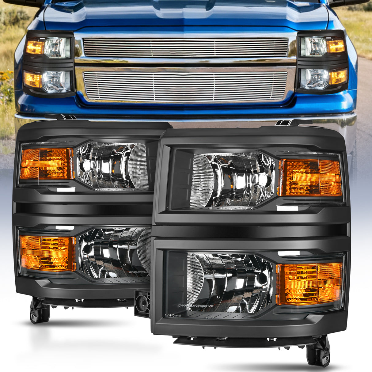 2014 2015 Chevy Silverado 1500 Headlight Assembly Black Housing Amber Reflector