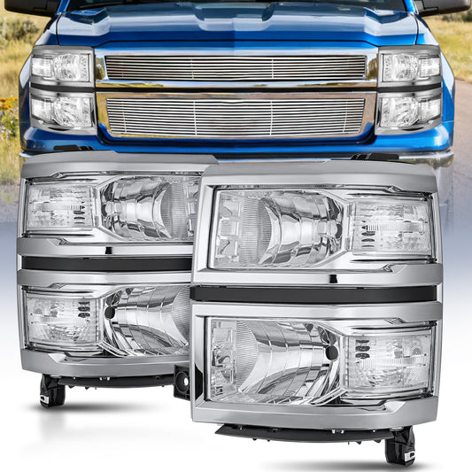 2014 2015 Chevy Silverado 1500 Headlight Assembly Chrome Housing Clear Reflector Nilight