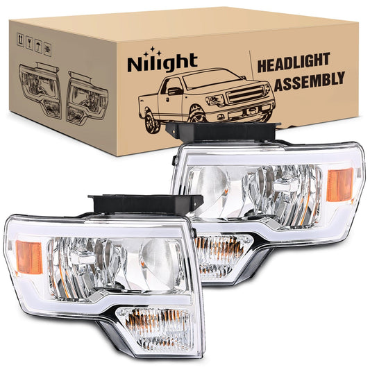 2009-2014 Ford F150 Headlight Assembly Chrome Case Clear Reflector Clear Lens Nilight