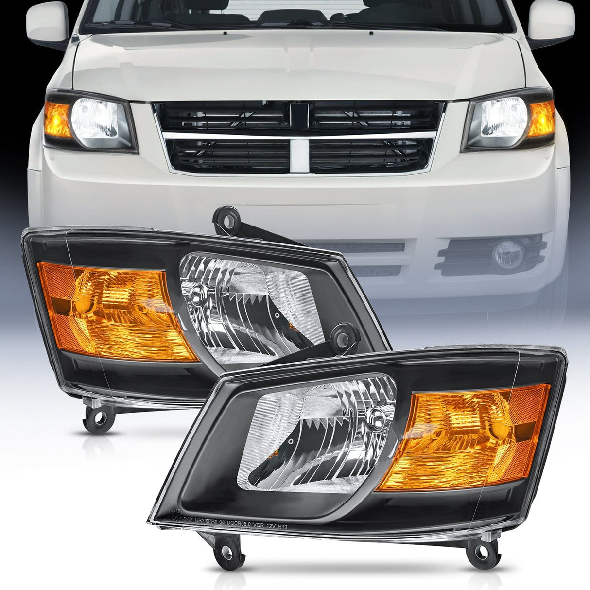 2008 2009 2010 Dodge Grand Caravan Headlight Assembly Black Case Amber Reflector