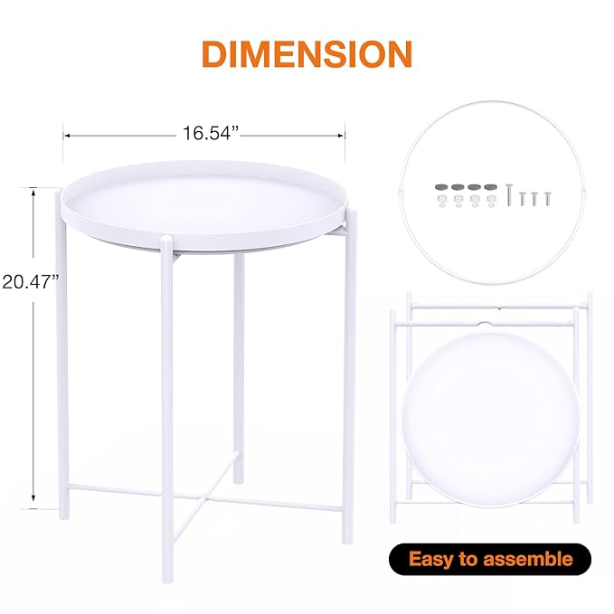 Side Table, End Table Metal Small Table Indoor Outdoor & Snack Bedside Table Sofa Side Snack Table Accent Coffee Table Living Room Bedroom Balcony 1 Layer (White)
